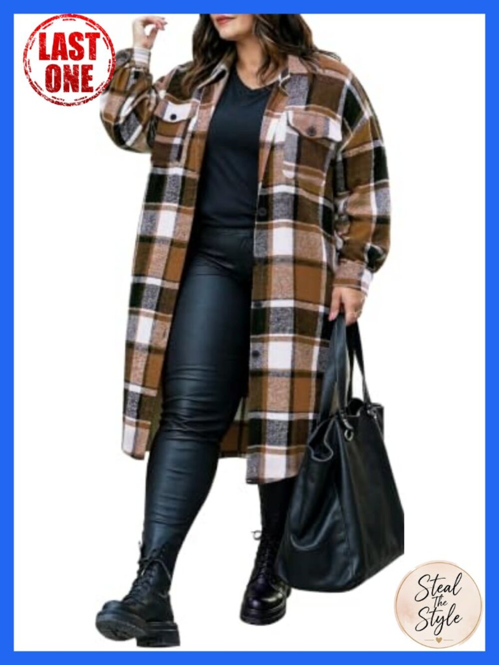 Plus Size Flannel Plaid Shacket Button Down Shirt Knee-Length